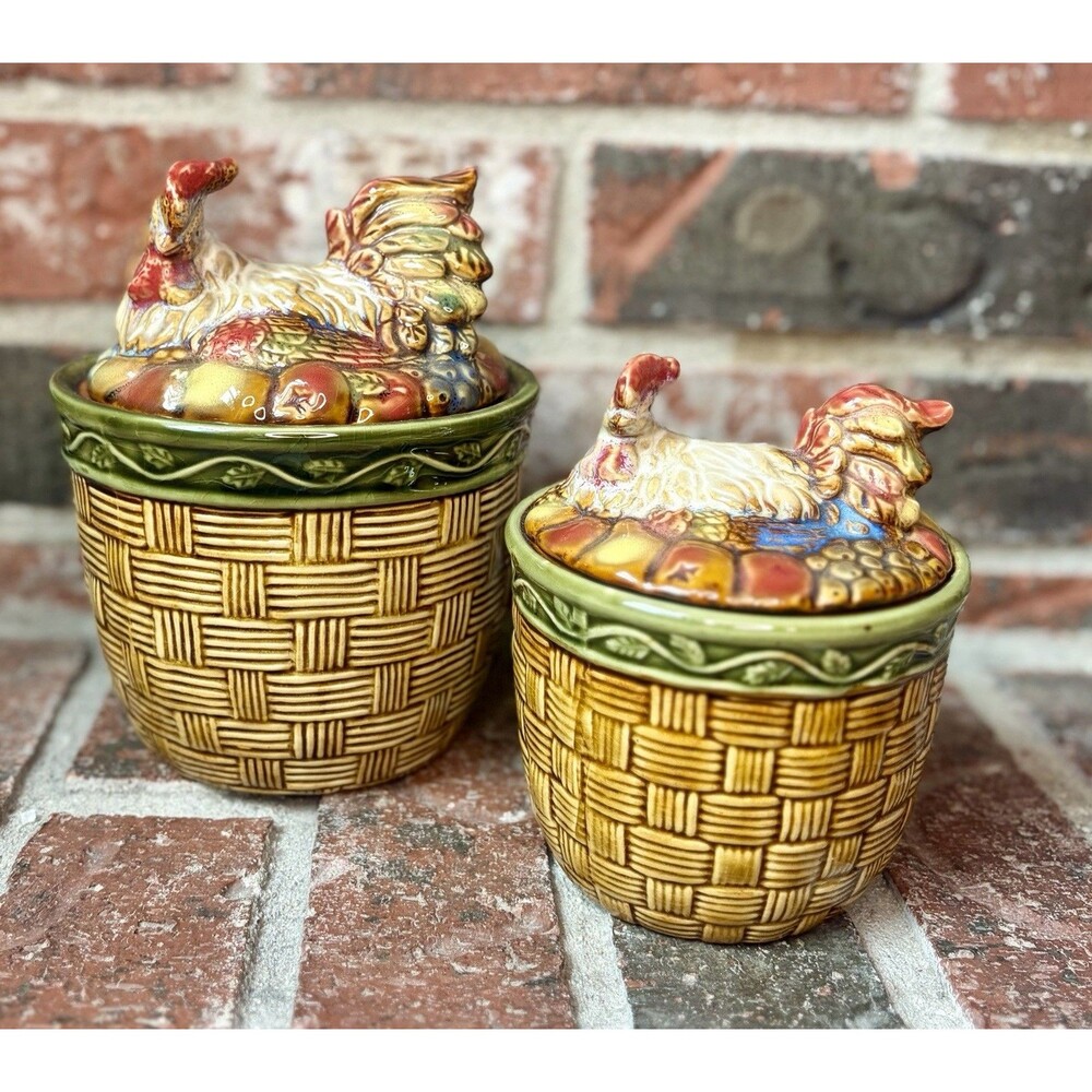 Ceramic Hen on a Fruit Basket Nest Cannister Jar W/Lid Set Of 2